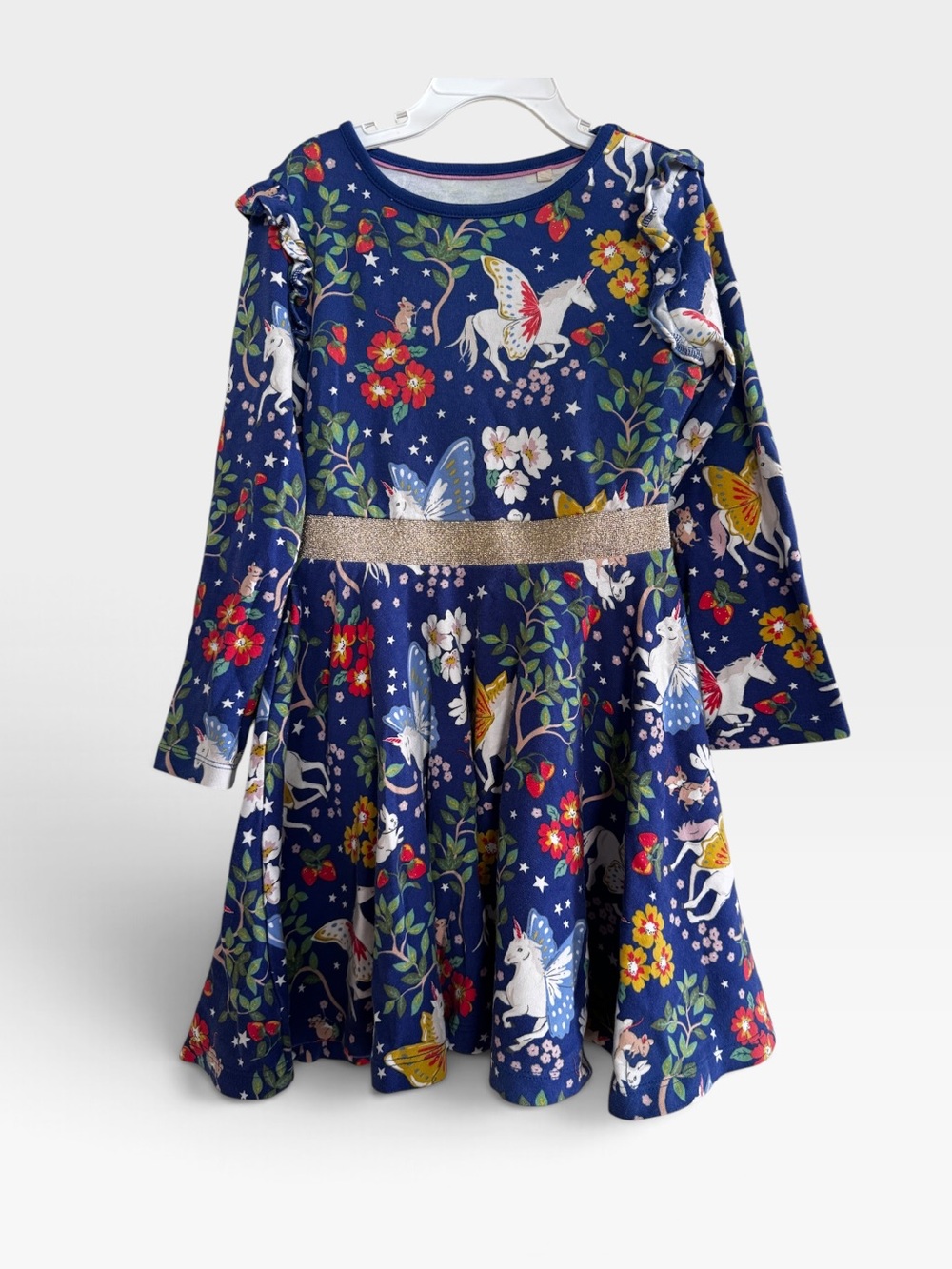 Mini Boden Mabel Fantasy Long Sleeve Twirly Dress Blue Enchanted Unicorn Whimsy